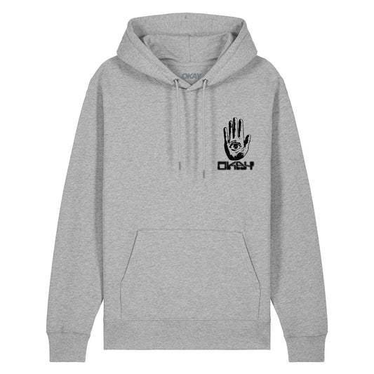 Gray hoodie with a logo on the chest against a white background