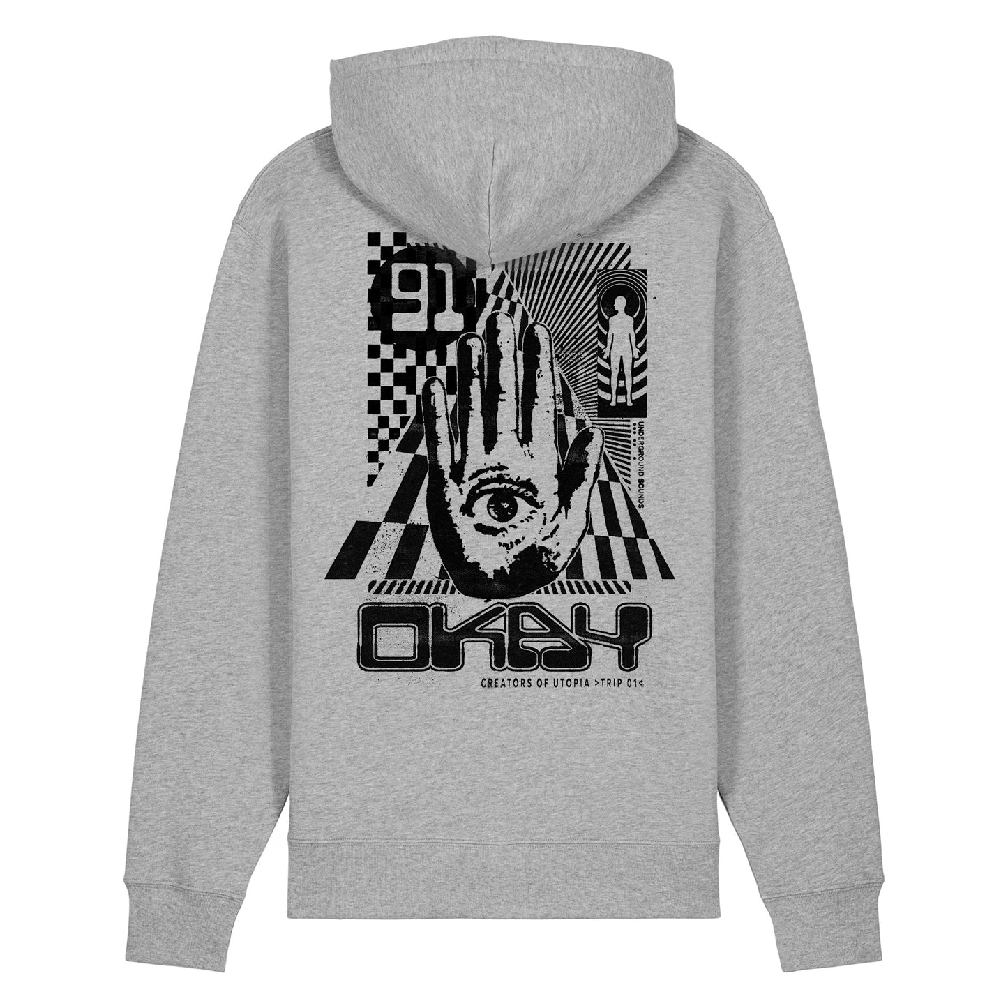 Gray hoodie with black graphic design on the back on a white background