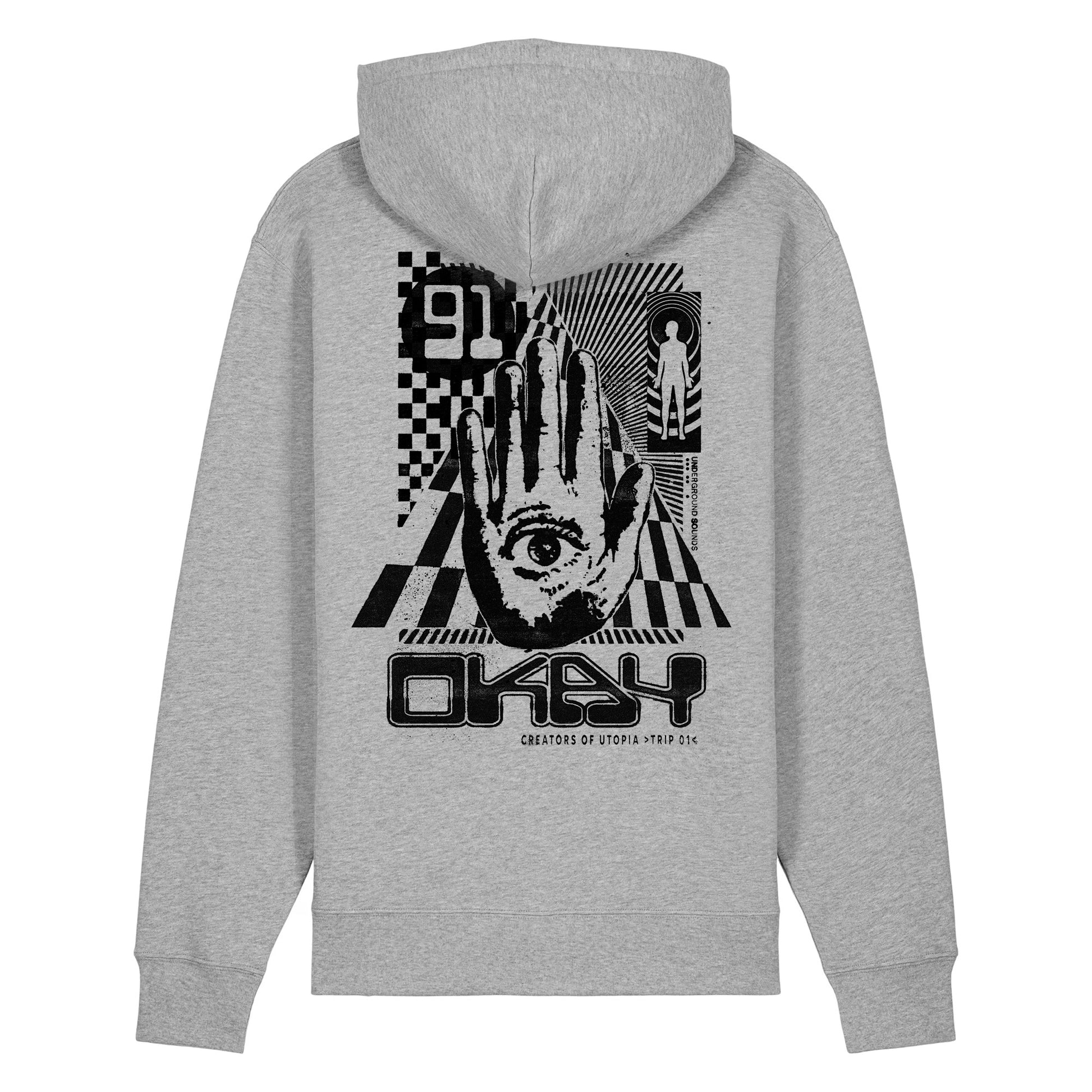 Gray hoodie with black graphic design on the back on a white background