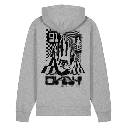Gray hoodie with black graphic design on the back on a white background